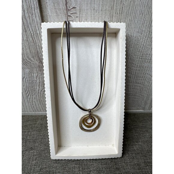 Layered Circle Pendant Necklace With Black Gold Cord & Adjustable Chain - Picture 1 of 6